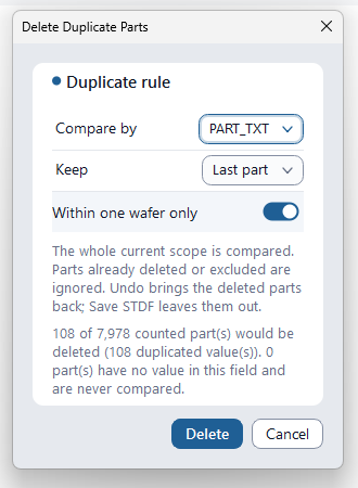 Delete Duplicate Parts Dialogkonfiguration