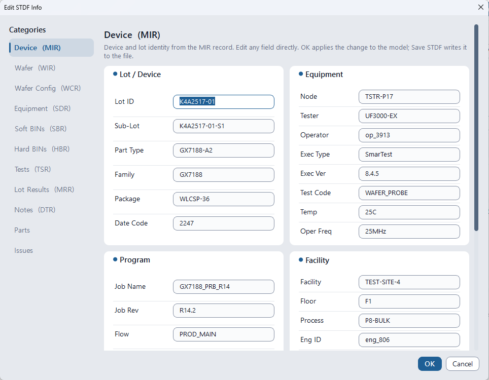 DLOG STDF Information Editor Dialog